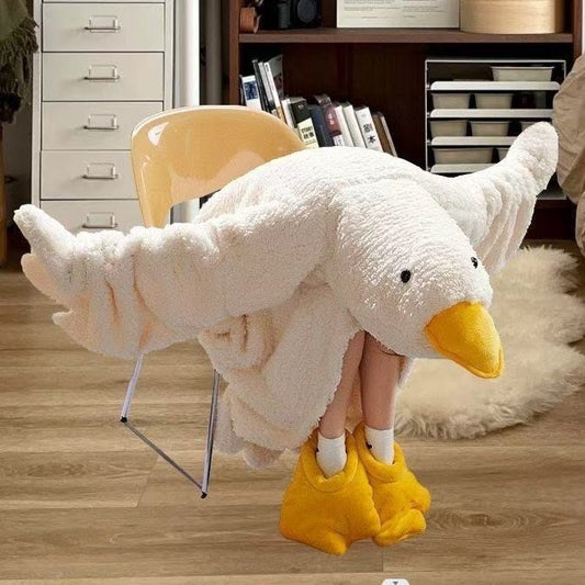 Cute Big White Goose Thick Coral Fleece Hooded Robe