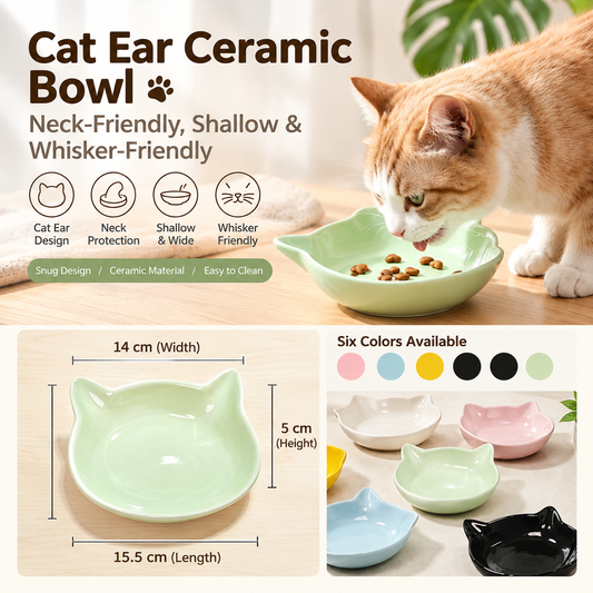 Cat Ear Ceramic Cat Bowl – Elevated, Shallow & Whisker-Friendly