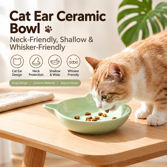 Cat Ear Ceramic Cat Bowl – Elevated, Shallow & Whisker-Friendly