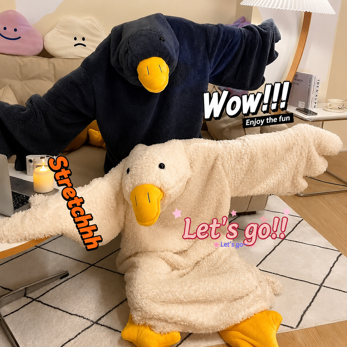 Cute Big White Goose Thick Coral Fleece Hooded Robe