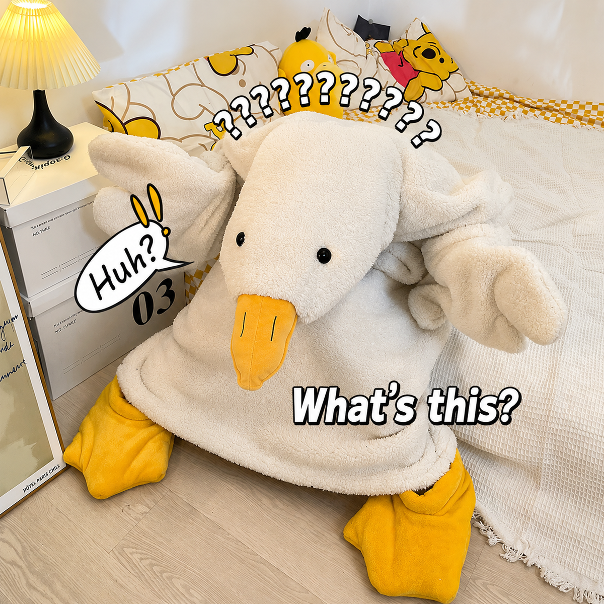 Cute Big White Goose Thick Coral Fleece Hooded Robe