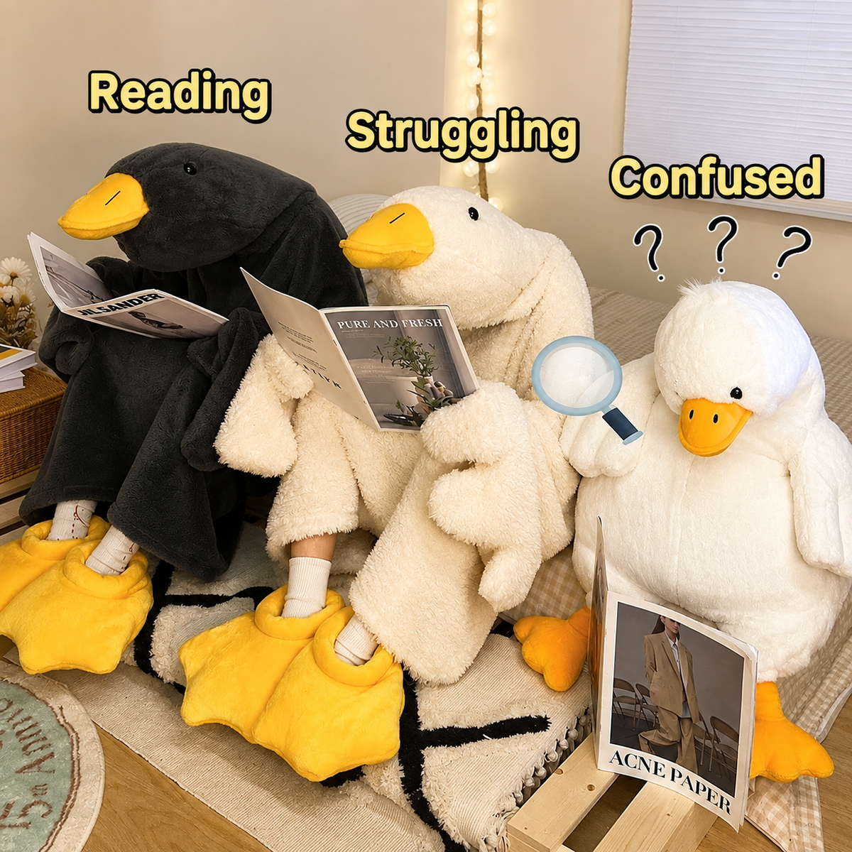 Cute Big White Goose Thick Coral Fleece Hooded Robe