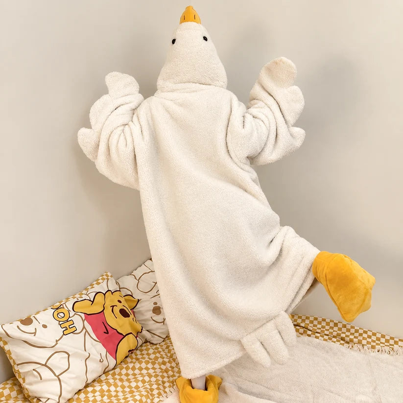 Cute Big White Goose Thick Coral Fleece Hooded Robe